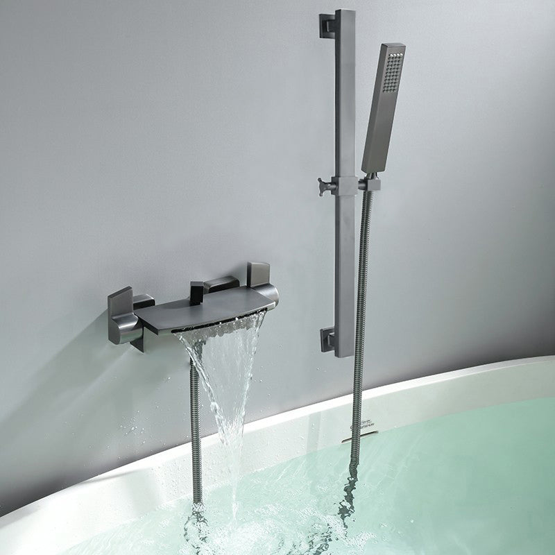 Wall Mounted Metal Tub Filler Low Arc Waterfall Tub Faucet Trim Gun Grey Hand Shower Included Risers Included Clearhalo 'Bathroom Remodel & Bathroom Fixtures' 'Bathtub Faucets' 'bathtub_faucets' 'Home Improvement' 'home_improvement' 'home_improvement_bathtub_faucets' 6695215