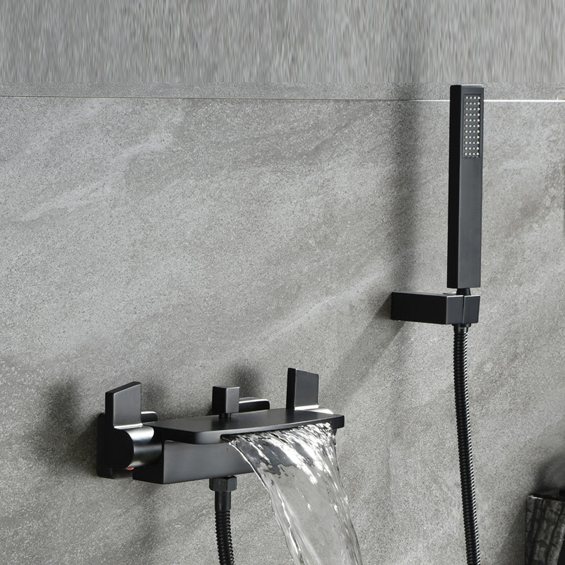 Wall Mounted Metal Tub Filler Low Arc Waterfall Tub Faucet Trim Black Hand Shower Included Risers Not Included Clearhalo 'Bathroom Remodel & Bathroom Fixtures' 'Bathtub Faucets' 'bathtub_faucets' 'Home Improvement' 'home_improvement' 'home_improvement_bathtub_faucets' 6695220