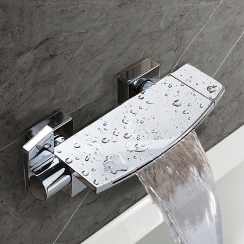 Wall Mounted Metal Tub Filler Low Arc Waterfall Tub Faucet Trim Chrome Hand Shower Not Included Risers Not Included Clearhalo 'Bathroom Remodel & Bathroom Fixtures' 'Bathtub Faucets' 'bathtub_faucets' 'Home Improvement' 'home_improvement' 'home_improvement_bathtub_faucets' 6695223