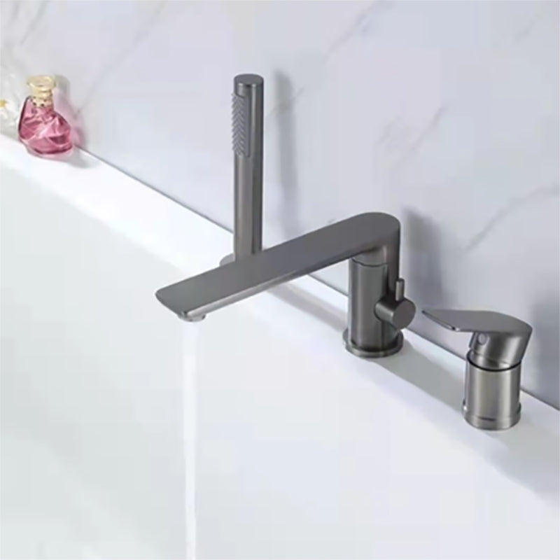 Contemporary Deck Mounted Roman Metal Tub Faucet Low Arc Roman Tub Faucet Set Gun Grey Round 3 Hole Faucets Clearhalo 'Bathroom Remodel & Bathroom Fixtures' 'Bathtub Faucets' 'bathtub_faucets' 'Home Improvement' 'home_improvement' 'home_improvement_bathtub_faucets' 6695235