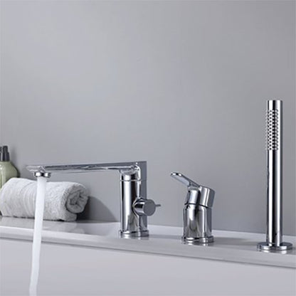 Contemporary Deck Mounted Roman Metal Tub Faucet Low Arc Roman Tub Faucet Set Silver Round 3 Hole Faucets Clearhalo 'Bathroom Remodel & Bathroom Fixtures' 'Bathtub Faucets' 'bathtub_faucets' 'Home Improvement' 'home_improvement' 'home_improvement_bathtub_faucets' 6695237