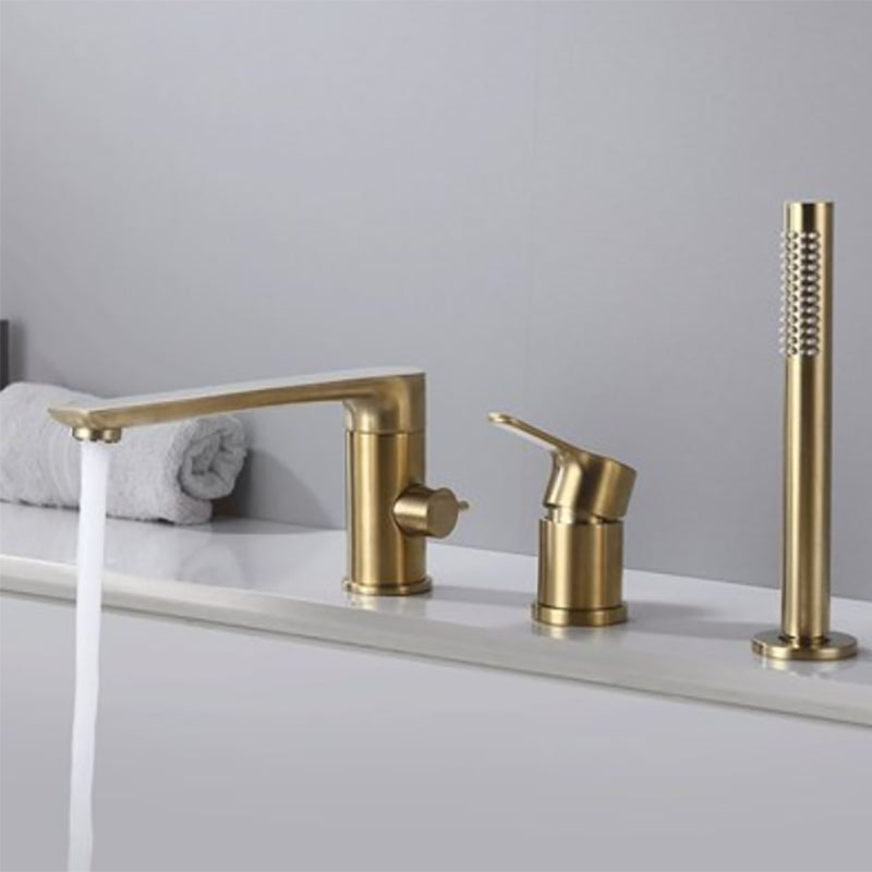 Contemporary Deck Mounted Roman Metal Tub Faucet Low Arc Roman Tub Faucet Set Gold Round 3 Hole Faucets Clearhalo 'Bathroom Remodel & Bathroom Fixtures' 'Bathtub Faucets' 'bathtub_faucets' 'Home Improvement' 'home_improvement' 'home_improvement_bathtub_faucets' 6695240