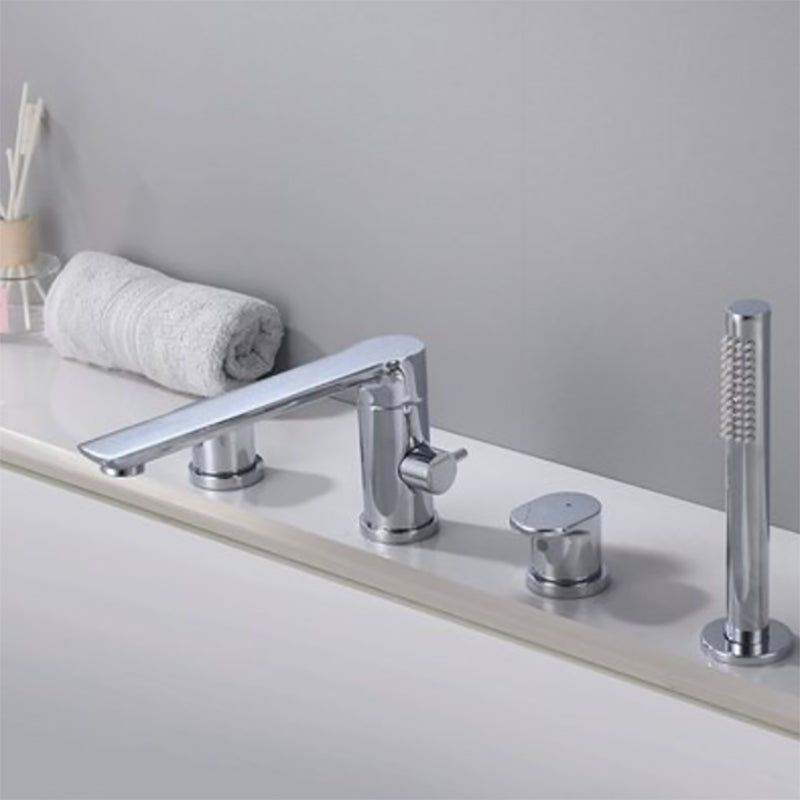 Contemporary Deck Mounted Roman Metal Tub Faucet Low Arc Roman Tub Faucet Set Silver Round 4 Hole Faucets Clearhalo 'Bathroom Remodel & Bathroom Fixtures' 'Bathtub Faucets' 'bathtub_faucets' 'Home Improvement' 'home_improvement' 'home_improvement_bathtub_faucets' 6695242