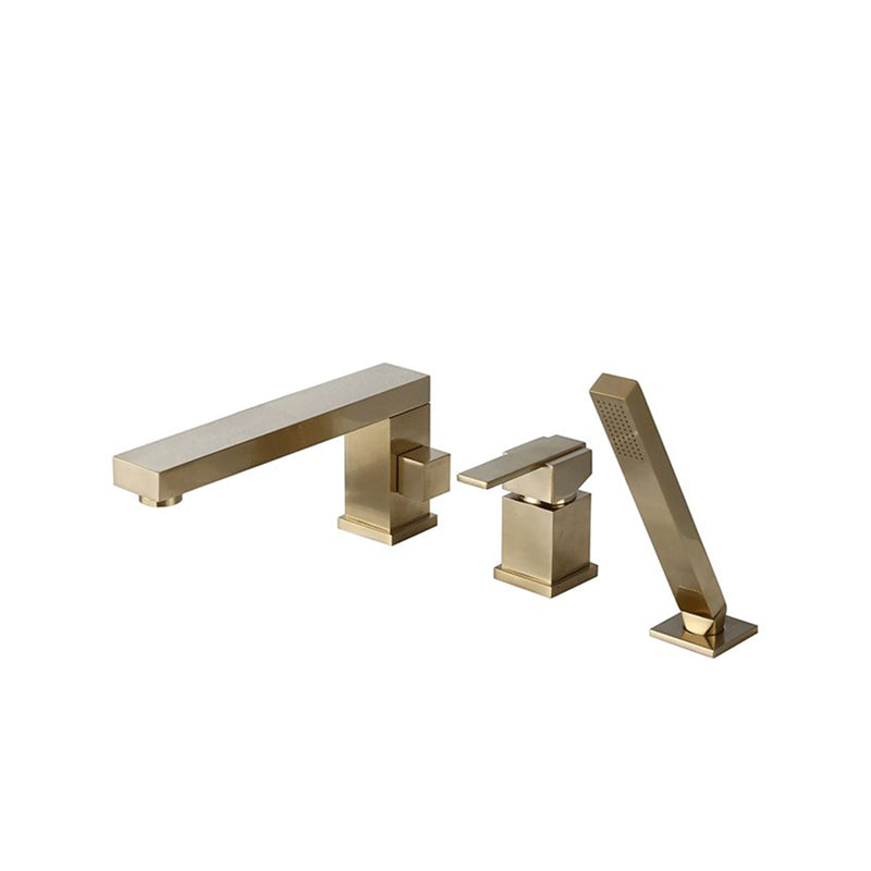 Contemporary Deck Mounted Roman Metal Tub Faucet Low Arc Roman Tub Faucet Set Clearhalo 'Bathroom Remodel & Bathroom Fixtures' 'Bathtub Faucets' 'bathtub_faucets' 'Home Improvement' 'home_improvement' 'home_improvement_bathtub_faucets' 6695243