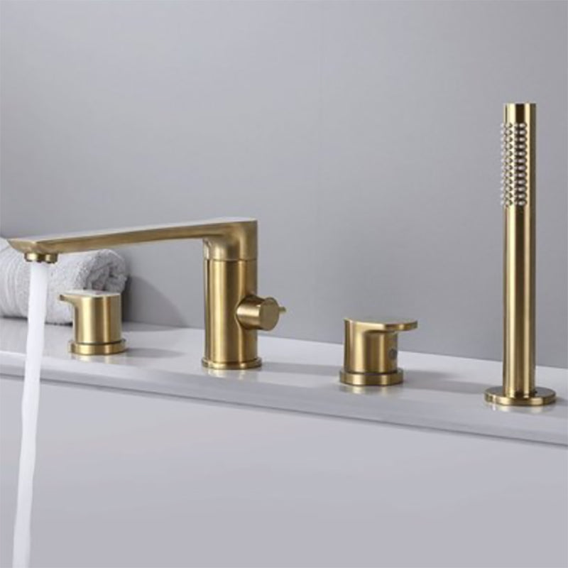 Contemporary Deck Mounted Roman Metal Tub Faucet Low Arc Roman Tub Faucet Set Gold Round 4 Hole Faucets Clearhalo 'Bathroom Remodel & Bathroom Fixtures' 'Bathtub Faucets' 'bathtub_faucets' 'Home Improvement' 'home_improvement' 'home_improvement_bathtub_faucets' 6695247