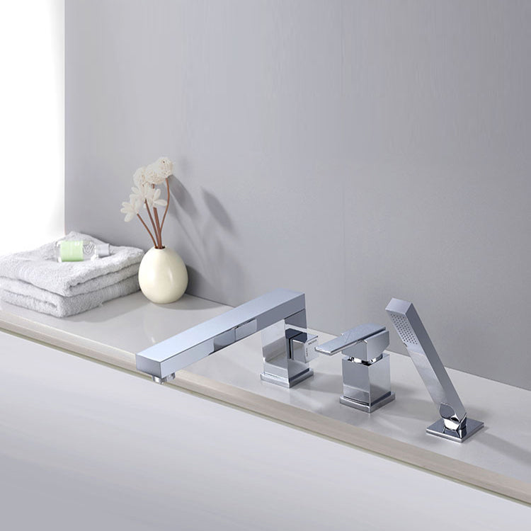 Contemporary Deck Mounted Roman Metal Tub Faucet Low Arc Roman Tub Faucet Set Clearhalo 'Bathroom Remodel & Bathroom Fixtures' 'Bathtub Faucets' 'bathtub_faucets' 'Home Improvement' 'home_improvement' 'home_improvement_bathtub_faucets' 6695251