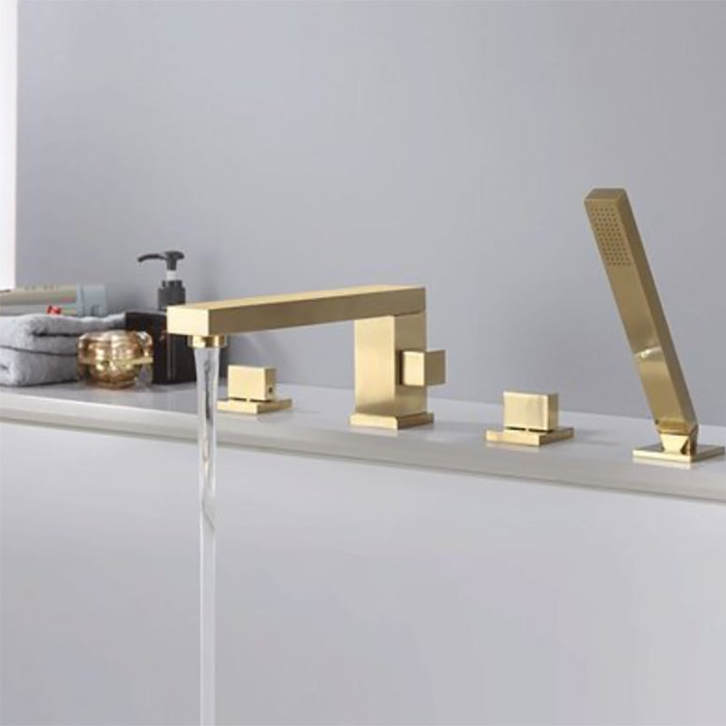 Contemporary Deck Mounted Roman Metal Tub Faucet Low Arc Roman Tub Faucet Set Gold Square 4 Hole Faucets Clearhalo 'Bathroom Remodel & Bathroom Fixtures' 'Bathtub Faucets' 'bathtub_faucets' 'Home Improvement' 'home_improvement' 'home_improvement_bathtub_faucets' 6695256