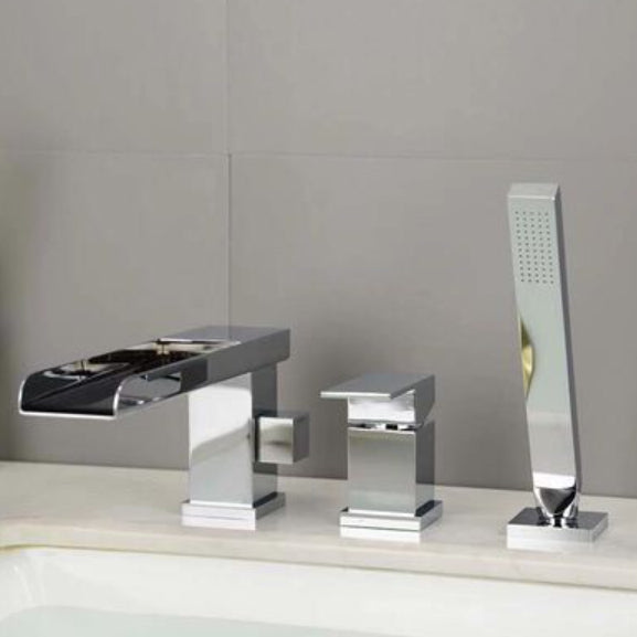 Contemporary Deck Mounted Roman Metal Tub Faucet Low Arc Roman Tub Faucet Set Silver Waterfall Comes Out 3 Hole Faucets Clearhalo 'Bathroom Remodel & Bathroom Fixtures' 'Bathtub Faucets' 'bathtub_faucets' 'Home Improvement' 'home_improvement' 'home_improvement_bathtub_faucets' 6695257