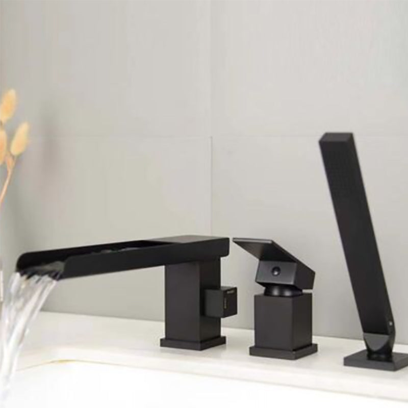 Contemporary Deck Mounted Roman Metal Tub Faucet Low Arc Roman Tub Faucet Set Black Waterfall Comes Out 3 Hole Faucets Clearhalo 'Bathroom Remodel & Bathroom Fixtures' 'Bathtub Faucets' 'bathtub_faucets' 'Home Improvement' 'home_improvement' 'home_improvement_bathtub_faucets' 6695258