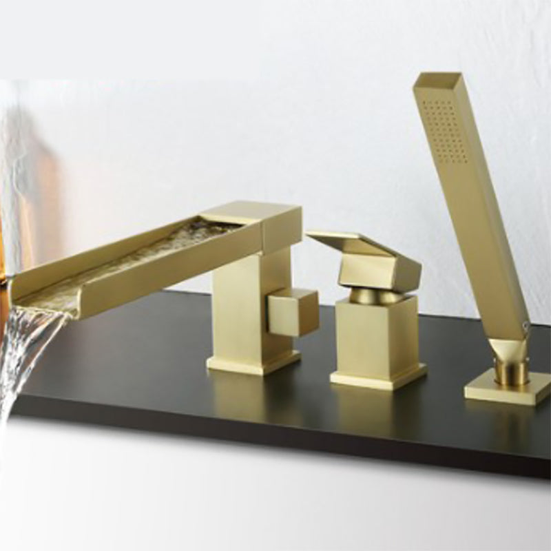 Contemporary Deck Mounted Roman Metal Tub Faucet Low Arc Roman Tub Faucet Set Gold Waterfall Comes Out 3 Hole Faucets Clearhalo 'Bathroom Remodel & Bathroom Fixtures' 'Bathtub Faucets' 'bathtub_faucets' 'Home Improvement' 'home_improvement' 'home_improvement_bathtub_faucets' 6695259