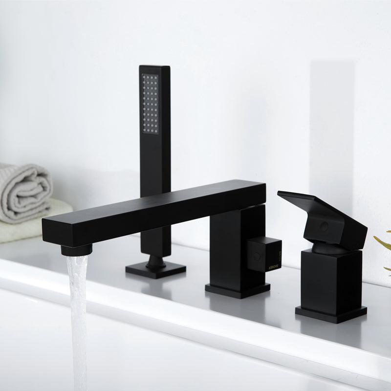 Contemporary Deck Mounted Roman Copper Tub Faucet Low Arc Roman Tub Faucet Set Black Square Rectangle 3 Hole Faucets Clearhalo 'Bathroom Remodel & Bathroom Fixtures' 'Bathtub Faucets' 'bathtub_faucets' 'Home Improvement' 'home_improvement' 'home_improvement_bathtub_faucets' 6695282