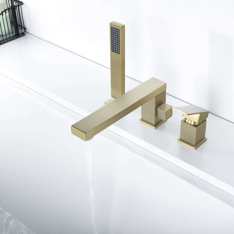 Contemporary Deck Mounted Roman Copper Tub Faucet Low Arc Roman Tub Faucet Set Gold Square/ Rectangle 3 Hole Faucets Clearhalo 'Bathroom Remodel & Bathroom Fixtures' 'Bathtub Faucets' 'bathtub_faucets' 'Home Improvement' 'home_improvement' 'home_improvement_bathtub_faucets' 6695285