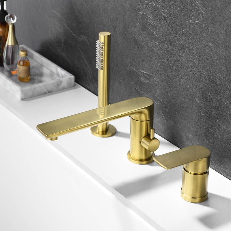 Contemporary Deck Mounted Roman Copper Tub Faucet Low Arc Roman Tub Faucet Set Gold Round 3 Hole Faucets Clearhalo 'Bathroom Remodel & Bathroom Fixtures' 'Bathtub Faucets' 'bathtub_faucets' 'Home Improvement' 'home_improvement' 'home_improvement_bathtub_faucets' 6695290