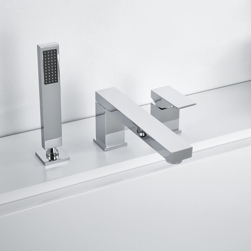 Contemporary Deck Mounted Roman Copper Tub Faucet Low Arc Roman Tub Faucet Set Chrome Square Rectangle 3 Hole Faucets Clearhalo 'Bathroom Remodel & Bathroom Fixtures' 'Bathtub Faucets' 'bathtub_faucets' 'Home Improvement' 'home_improvement' 'home_improvement_bathtub_faucets' 6695295