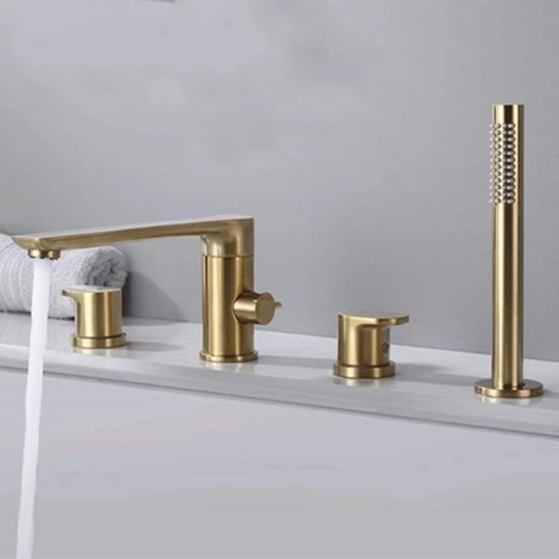 Contemporary Deck Mounted Roman Copper Tub Faucet Low Arc Roman Tub Faucet Set Gold Round 4 Hole Faucets Clearhalo 'Bathroom Remodel & Bathroom Fixtures' 'Bathtub Faucets' 'bathtub_faucets' 'Home Improvement' 'home_improvement' 'home_improvement_bathtub_faucets' 6695297