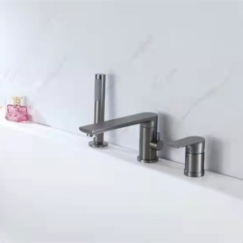 Contemporary Deck Mounted Roman Copper Tub Faucet Low Arc Roman Tub Faucet Set Gun Grey Round 3 Hole Faucets Clearhalo 'Bathroom Remodel & Bathroom Fixtures' 'Bathtub Faucets' 'bathtub_faucets' 'Home Improvement' 'home_improvement' 'home_improvement_bathtub_faucets' 6695301