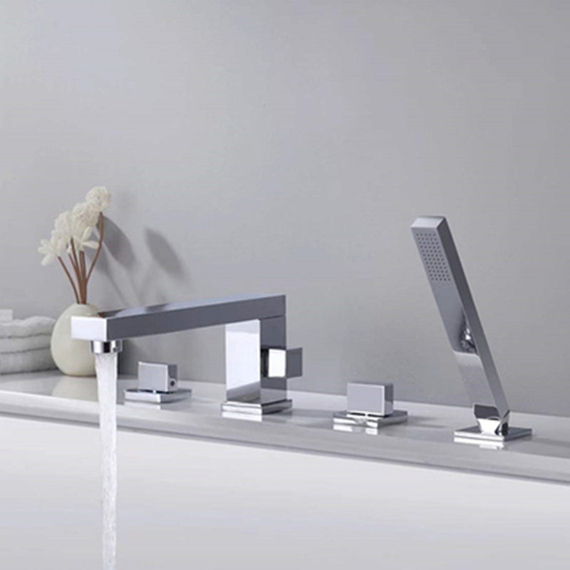 Contemporary Deck Mounted Roman Copper Tub Faucet Low Arc Roman Tub Faucet Set Chrome Square Rectangle 4 Hole Faucets Clearhalo 'Bathroom Remodel & Bathroom Fixtures' 'Bathtub Faucets' 'bathtub_faucets' 'Home Improvement' 'home_improvement' 'home_improvement_bathtub_faucets' 6695303