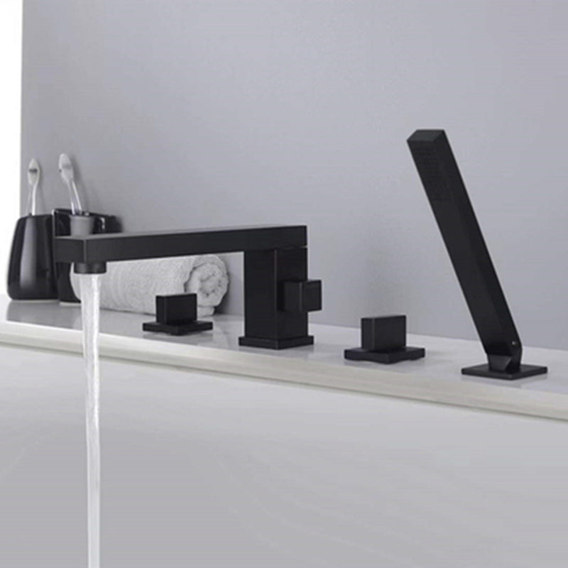 Contemporary Deck Mounted Roman Copper Tub Faucet Low Arc Roman Tub Faucet Set Black Square Rectangle 4 Hole Faucets Clearhalo 'Bathroom Remodel & Bathroom Fixtures' 'Bathtub Faucets' 'bathtub_faucets' 'Home Improvement' 'home_improvement' 'home_improvement_bathtub_faucets' 6695309