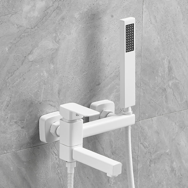 Wall Mounted Metal Tub Filler Low Arc Rotatable Bathroom Faucet White Straight Hand Shower Included Clearhalo 'Bathroom Remodel & Bathroom Fixtures' 'Bathtub Faucets' 'bathtub_faucets' 'Home Improvement' 'home_improvement' 'home_improvement_bathtub_faucets' 6695315