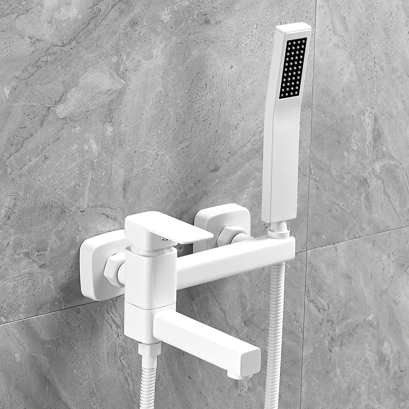 Wall Mounted Metal Tub Filler Low Arc Rotatable Bathroom Faucet White Curved Hand Shower Included Clearhalo 'Bathroom Remodel & Bathroom Fixtures' 'Bathtub Faucets' 'bathtub_faucets' 'Home Improvement' 'home_improvement' 'home_improvement_bathtub_faucets' 6695316