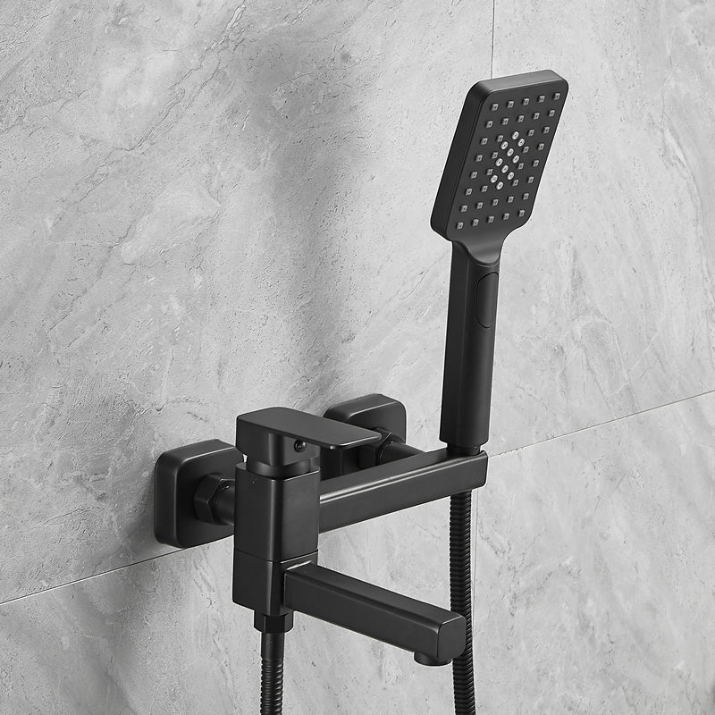 Wall Mounted Metal Tub Filler Low Arc Rotatable Bathroom Faucet Black Square Rectangle Hand Shower Included Clearhalo 'Bathroom Remodel & Bathroom Fixtures' 'Bathtub Faucets' 'bathtub_faucets' 'Home Improvement' 'home_improvement' 'home_improvement_bathtub_faucets' 6695319