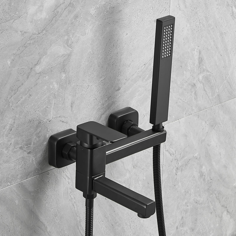 Wall Mounted Metal Tub Filler Low Arc Rotatable Bathroom Faucet Black Straight Hand Shower Included Clearhalo 'Bathroom Remodel & Bathroom Fixtures' 'Bathtub Faucets' 'bathtub_faucets' 'Home Improvement' 'home_improvement' 'home_improvement_bathtub_faucets' 6695322