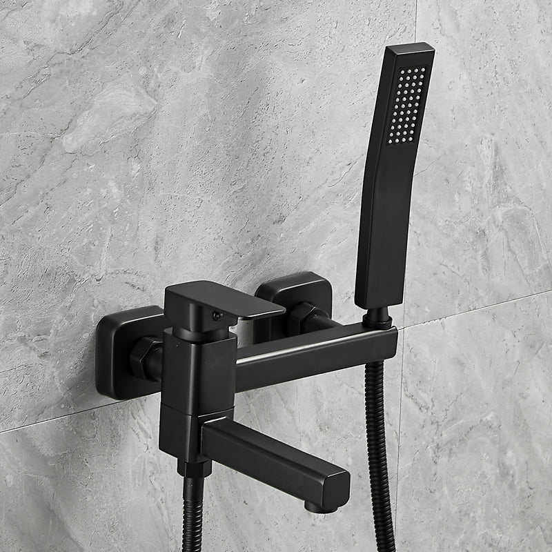 Wall Mounted Metal Tub Filler Low Arc Rotatable Bathroom Faucet Black Curved Hand Shower Included Clearhalo 'Bathroom Remodel & Bathroom Fixtures' 'Bathtub Faucets' 'bathtub_faucets' 'Home Improvement' 'home_improvement' 'home_improvement_bathtub_faucets' 6695324