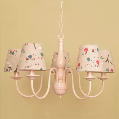 Tapered Shade Nursing Room Chandelier Metallic Kids Suspension Light in Pink Finish Ivory E Clearhalo 'Ceiling Lights' 'Chandeliers' Lighting' options 66954_1672d9fa-0dea-46d8-8130-2b15697140b2