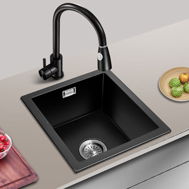 Modern Single Bowl Kitchen Sink Quartz Kitchen Sink with Basket Strainer 16"L x 12"W x 9"H Sink with Faucet Pull Out Faucet Clearhalo 'Home Improvement' 'home_improvement' 'home_improvement_kitchen_sinks' 'Kitchen Remodel & Kitchen Fixtures' 'Kitchen Sinks & Faucet Components' 'Kitchen Sinks' 'kitchen_sinks' 6696151