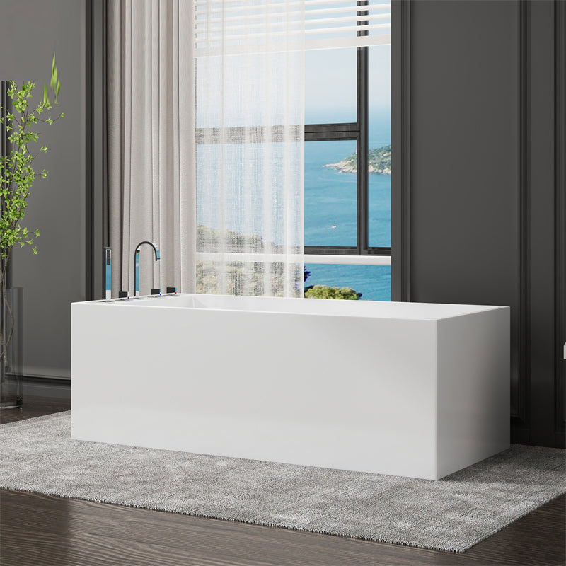 Modern Style Freestanding Bath Tub Stone Bathtub with Overflow Trim White 58"L x 30"W x 23"H Tub with Silver 5-Piece Set Clearhalo 'Bathroom Remodel & Bathroom Fixtures' 'Bathtubs' 'Home Improvement' 'home_improvement' 'home_improvement_bathtubs' 'Showers & Bathtubs' 6696969