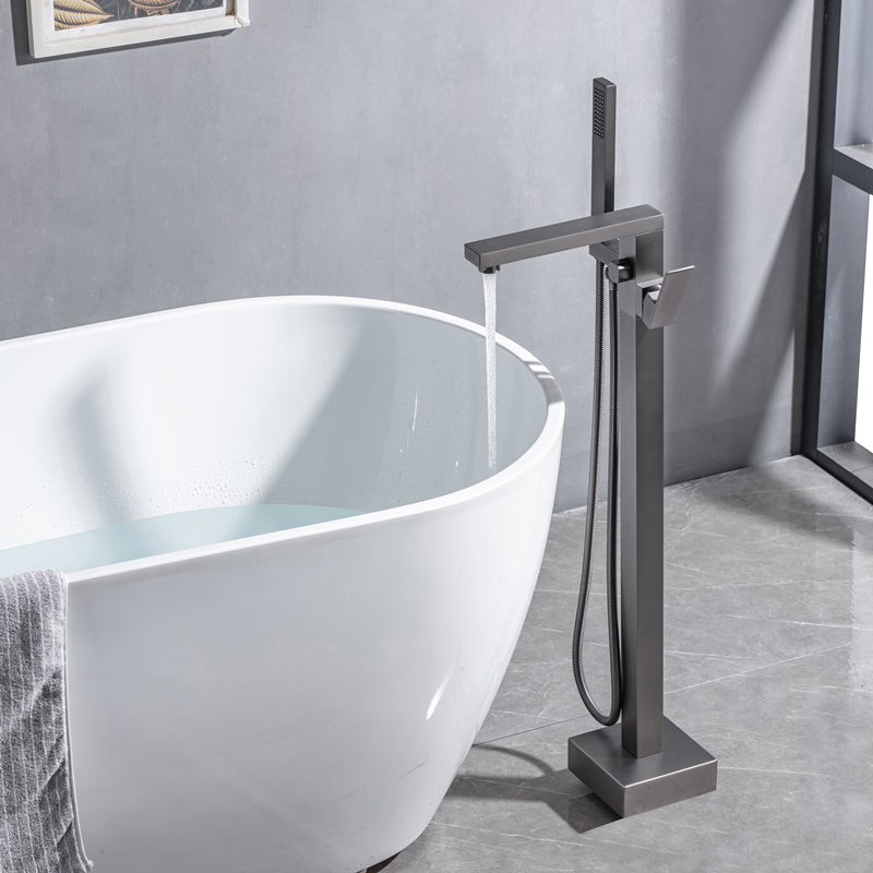 Floor Mounted Metal Freestanding Tub Filler Swivel Freestanding Faucet with Spray Gun Gun Grey Square Rectangle Clearhalo 'Bathroom Remodel & Bathroom Fixtures' 'Bathtub Faucets' 'bathtub_faucets' 'Home Improvement' 'home_improvement' 'home_improvement_bathtub_faucets' 6697453
