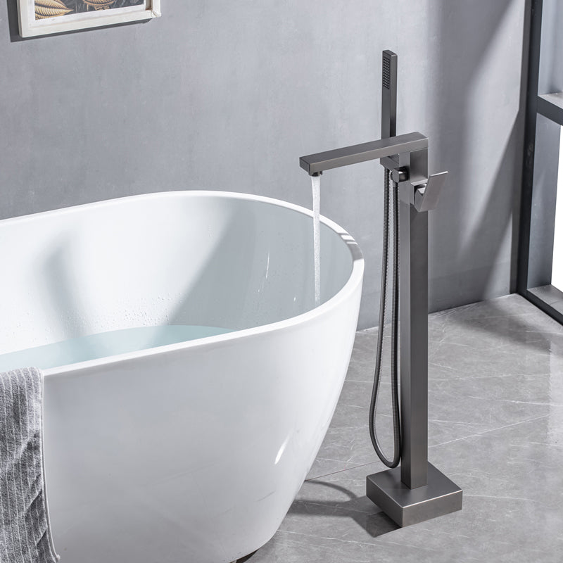 Floor Mounted Metal Freestanding Tub Filler Swivel Freestanding Faucet with Spray Gun Gun Grey Square/ Rectangle Clearhalo 'Bathroom Remodel & Bathroom Fixtures' 'Bathtub Faucets' 'bathtub_faucets' 'Home Improvement' 'home_improvement' 'home_improvement_bathtub_faucets' 6697453