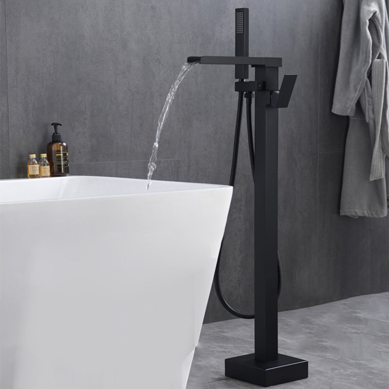 Floor Mounted Metal Freestanding Tub Filler Swivel Freestanding Faucet with Spray Gun Black Bevel Clearhalo 'Bathroom Remodel & Bathroom Fixtures' 'Bathtub Faucets' 'bathtub_faucets' 'Home Improvement' 'home_improvement' 'home_improvement_bathtub_faucets' 6697454