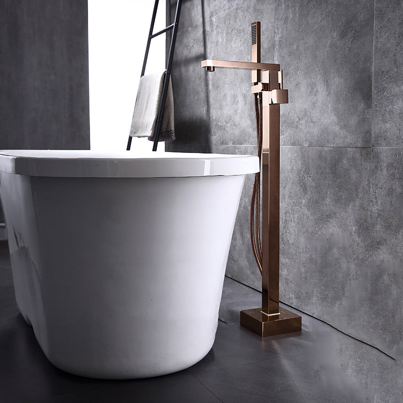 Floor Mounted Metal Freestanding Tub Filler Swivel Freestanding Faucet with Spray Gun Rose Gold Square Rectangle Clearhalo 'Bathroom Remodel & Bathroom Fixtures' 'Bathtub Faucets' 'bathtub_faucets' 'Home Improvement' 'home_improvement' 'home_improvement_bathtub_faucets' 6697461