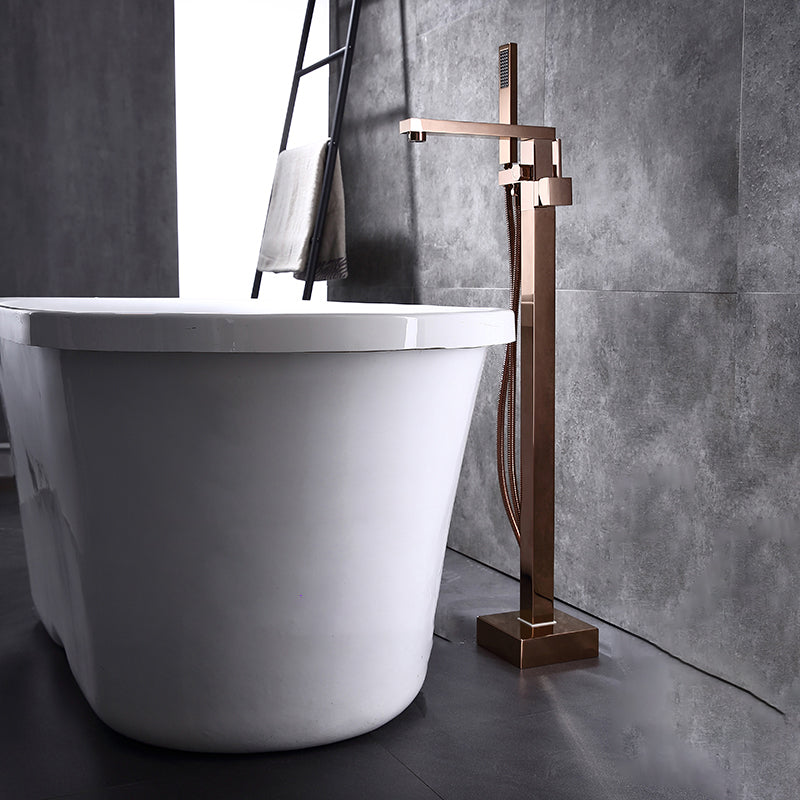 Floor Mounted Metal Freestanding Tub Filler Swivel Freestanding Faucet with Spray Gun Rose Gold Square/ Rectangle Clearhalo 'Bathroom Remodel & Bathroom Fixtures' 'Bathtub Faucets' 'bathtub_faucets' 'Home Improvement' 'home_improvement' 'home_improvement_bathtub_faucets' 6697461