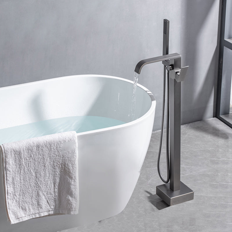 Floor Mounted Metal Freestanding Tub Filler Swivel Freestanding Faucet with Spray Gun Gun Grey Flat Clearhalo 'Bathroom Remodel & Bathroom Fixtures' 'Bathtub Faucets' 'bathtub_faucets' 'Home Improvement' 'home_improvement' 'home_improvement_bathtub_faucets' 6697465