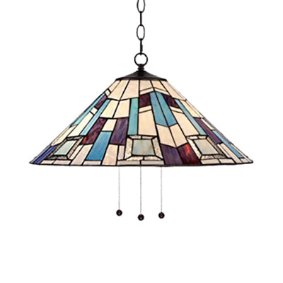Stained Glass Purplish Blue Ceiling Lamp Conical 1 Head Tiffany Suspension Pendant Light for Dining Room, 16"/18"/19.5" W Clearhalo 'Ceiling Lights' 'Industrial' 'Middle Century Pendants' 'Pendant Lights' 'Pendants' 'Tiffany close to ceiling' 'Tiffany Pendants' 'Tiffany' Lighting' 67090