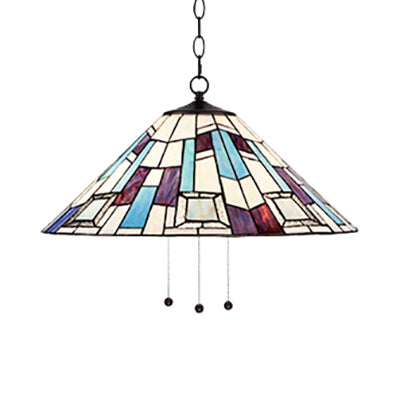 Stained Glass Purplish Blue Ceiling Lamp Conical 1 Head Tiffany Suspension Pendant Light for Dining Room, 16"/18"/19.5" W Clearhalo 'Ceiling Lights' 'Industrial' 'Middle Century Pendants' 'Pendant Lights' 'Pendants' 'Tiffany close to ceiling' 'Tiffany Pendants' 'Tiffany' Lighting' 67091