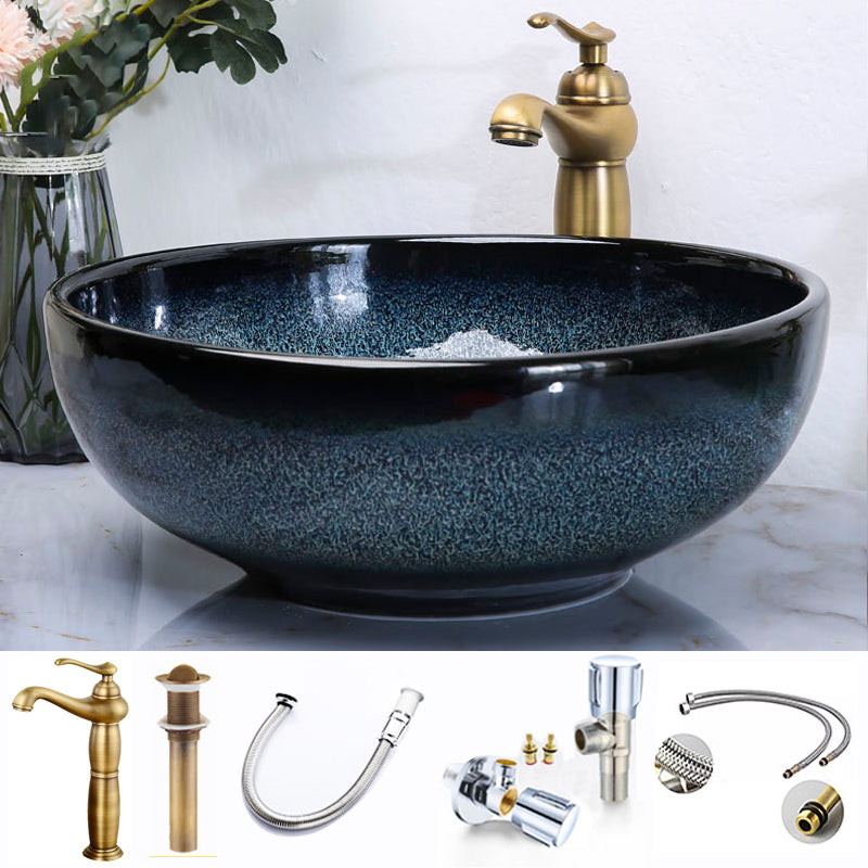 Traditional Vessel Bathroom Sink Specialty Vitreous China with Faucet Vessel Sink 14"L x 14"W x 6"H Sink with Faucet Clearhalo 'Bathroom Remodel & Bathroom Fixtures' 'Bathroom Sinks & Faucet Components' 'Bathroom Sinks' 'bathroom_sink' 'Home Improvement' 'home_improvement' 'home_improvement_bathroom_sink' 6712914