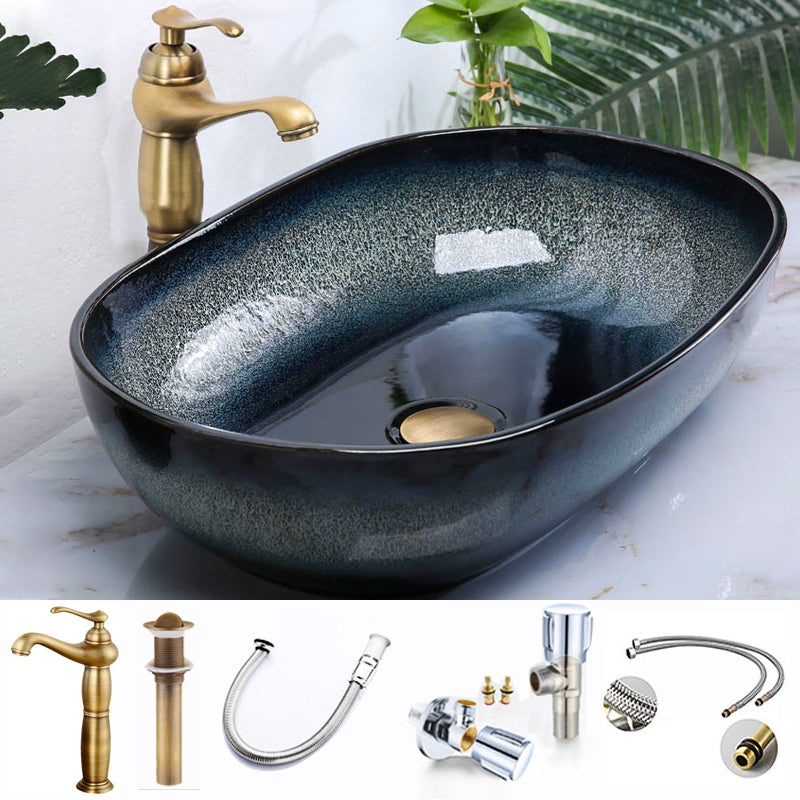 Traditional Vessel Bathroom Sink Specialty Vitreous China with Faucet Vessel Sink 21"L x 16"W x 6"H Sink with Faucet Clearhalo 'Bathroom Remodel & Bathroom Fixtures' 'Bathroom Sinks & Faucet Components' 'Bathroom Sinks' 'bathroom_sink' 'Home Improvement' 'home_improvement' 'home_improvement_bathroom_sink' 6712923