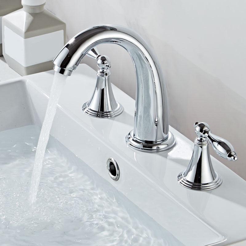 Glam Style Faucet Widespread Sink Faucet with 2 Handles and 3 Holes Silver Clearhalo 'Bathroom Remodel & Bathroom Fixtures' 'Bathroom Sink Faucets' 'Bathroom Sinks & Faucet Components' 'bathroom_sink_faucets' 'Home Improvement' 'home_improvement' 'home_improvement_bathroom_sink_faucets' 6713373
