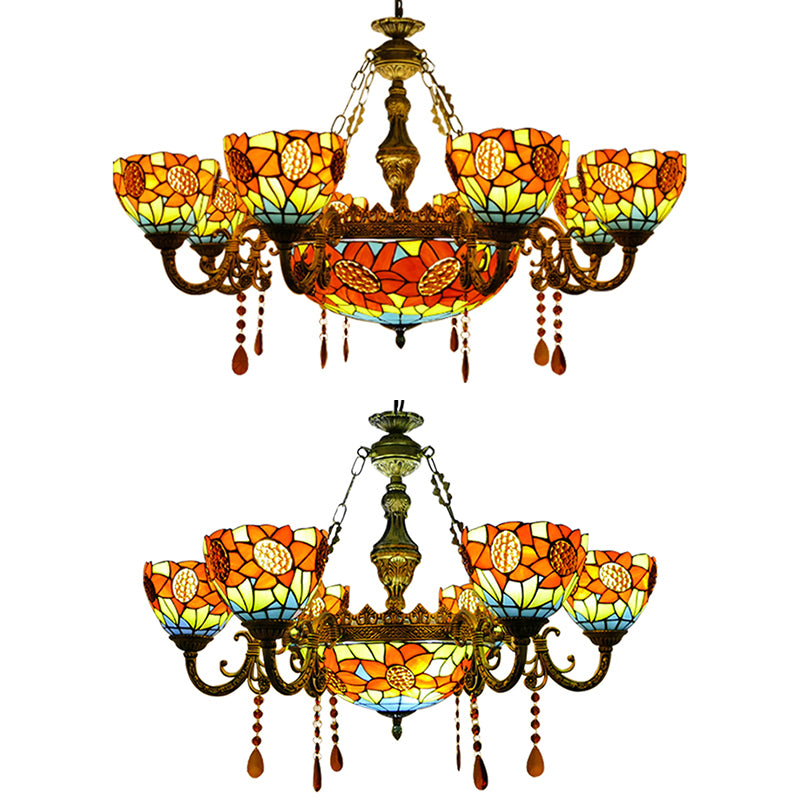Tiffany Ornate Chandelier Sunflower Stained Glass Pendant Light with Crystal in Yellow for Hotel Clearhalo 'Ceiling Lights' 'Chandeliers' 'Industrial' 'Middle Century Chandeliers' 'Tiffany Chandeliers' 'Tiffany close to ceiling' 'Tiffany' Lighting' 67137