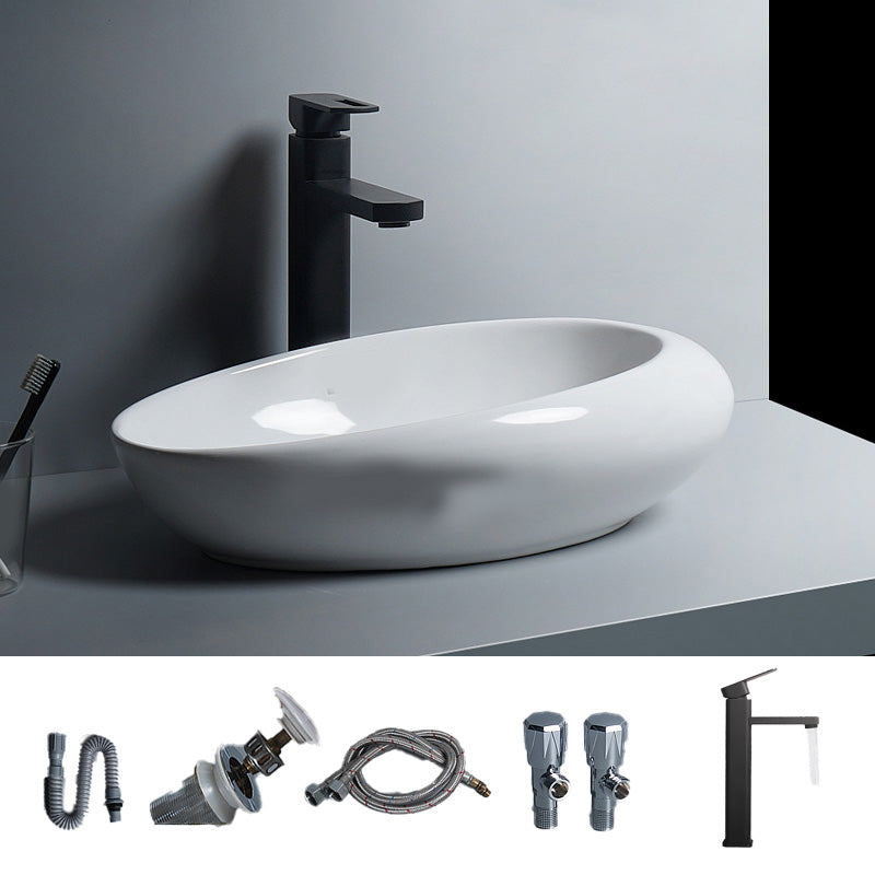 Modern Bathroom Sink Porcelain Oval-Shape Vessel Bathroom Sink with Pop-Up Drain 19.3"L x 11.8"W x 5.1"H Square Faucet Sink with Faucet Clearhalo 'Bathroom Remodel & Bathroom Fixtures' 'Bathroom Sinks & Faucet Components' 'Bathroom Sinks' 'bathroom_sink' 'Home Improvement' 'home_improvement' 'home_improvement_bathroom_sink' 6713756