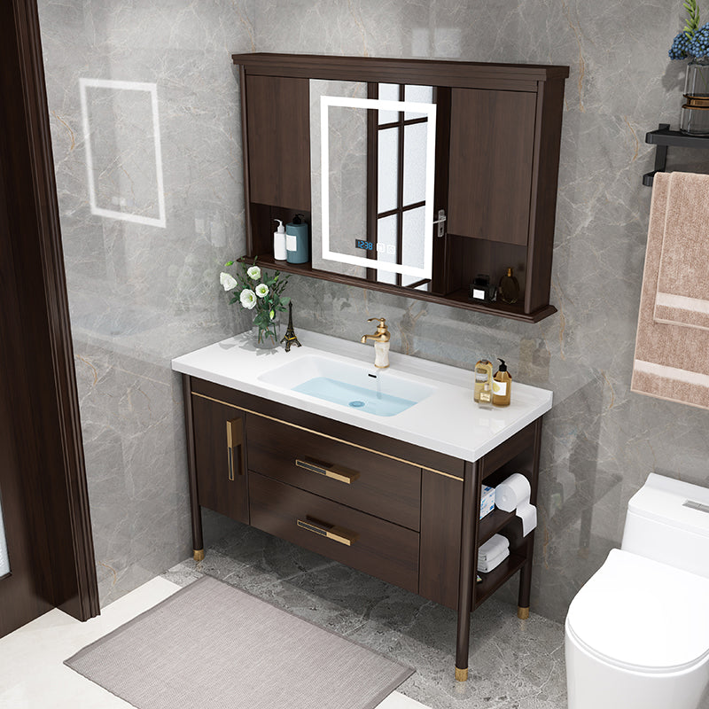 Wood Frame Bathroom Vanity Drawers Single Sink Rectangle Freestanding Vanity with Mirror Clearhalo 'Bathroom Remodel & Bathroom Fixtures' 'Bathroom Vanities' 'bathroom_vanities' 'Home Improvement' 'home_improvement' 'home_improvement_bathroom_vanities' 6713876
