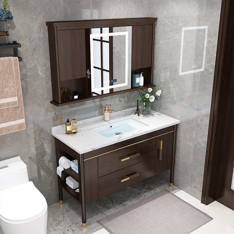 Wood Frame Bathroom Vanity Drawers Single Sink Rectangle Freestanding Vanity with Mirror Clearhalo 'Bathroom Remodel & Bathroom Fixtures' 'Bathroom Vanities' 'bathroom_vanities' 'Home Improvement' 'home_improvement' 'home_improvement_bathroom_vanities' 6713878
