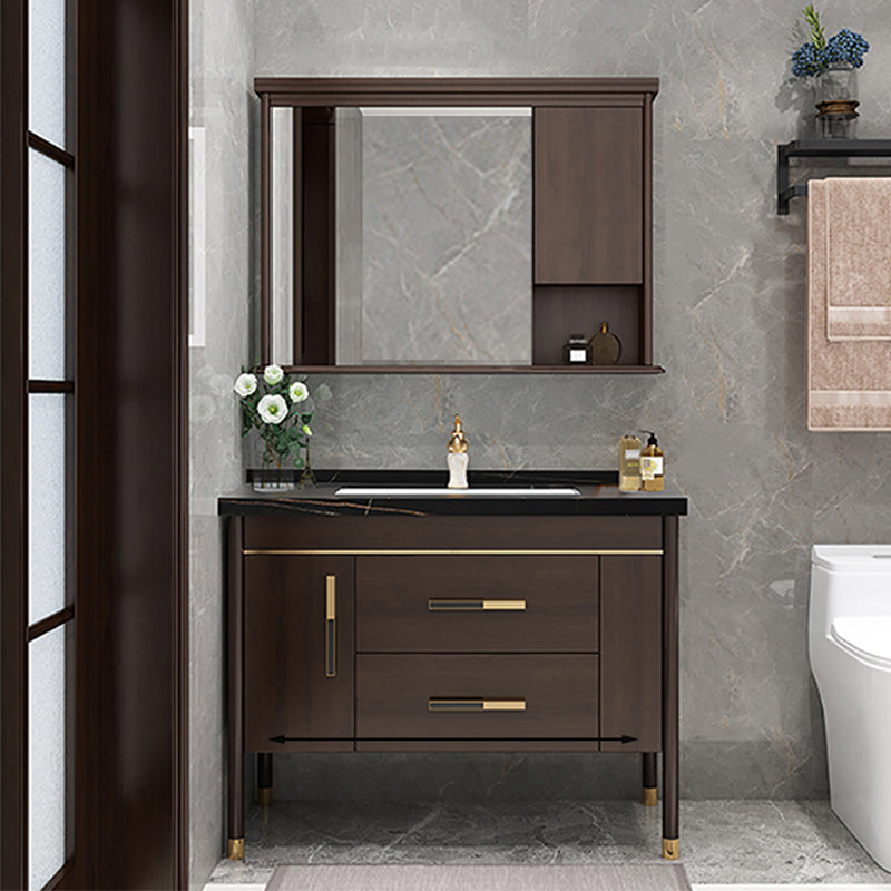 Wood Frame Bathroom Vanity Drawers Single Sink Rectangle Freestanding Vanity with Mirror Vanity & Faucet & Mirror Cabinet 35.4"L x 21.7"W x 32.7"H Black Clearhalo 'Bathroom Remodel & Bathroom Fixtures' 'Bathroom Vanities' 'bathroom_vanities' 'Home Improvement' 'home_improvement' 'home_improvement_bathroom_vanities' 6713879