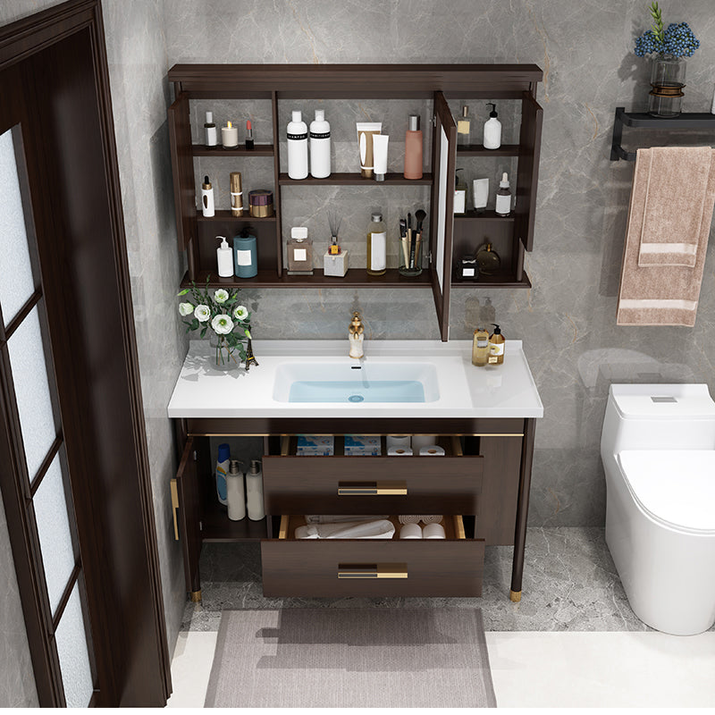 Wood Frame Bathroom Vanity Drawers Single Sink Rectangle Freestanding Vanity with Mirror Clearhalo 'Bathroom Remodel & Bathroom Fixtures' 'Bathroom Vanities' 'bathroom_vanities' 'Home Improvement' 'home_improvement' 'home_improvement_bathroom_vanities' 6713883