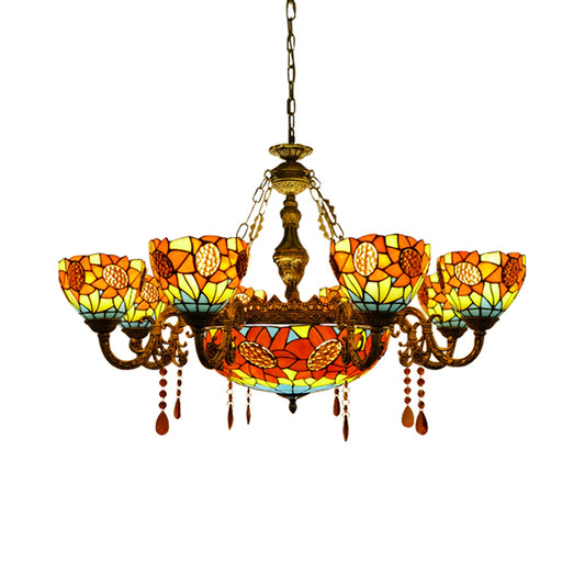 Tiffany Ornate Chandelier Sunflower Stained Glass Pendant Light with Crystal in Yellow for Hotel 9 Yellow Clearhalo 'Ceiling Lights' 'Chandeliers' 'Industrial' 'Middle Century Chandeliers' 'Tiffany Chandeliers' 'Tiffany close to ceiling' 'Tiffany' Lighting' 67138