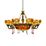Tiffany Ornate Chandelier Sunflower Stained Glass Pendant Light with Crystal in Yellow for Hotel 9 Yellow Clearhalo 'Ceiling Lights' 'Chandeliers' 'Industrial' 'Middle Century Chandeliers' 'Tiffany Chandeliers' 'Tiffany close to ceiling' 'Tiffany' Lighting' 67138