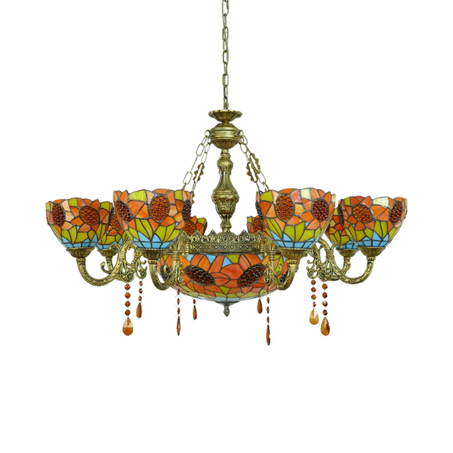 Tiffany Ornate Chandelier Sunflower Stained Glass Pendant Light with Crystal in Yellow for Hotel Clearhalo 'Ceiling Lights' 'Chandeliers' 'Industrial' 'Middle Century Chandeliers' 'Tiffany Chandeliers' 'Tiffany close to ceiling' 'Tiffany' Lighting' 67139